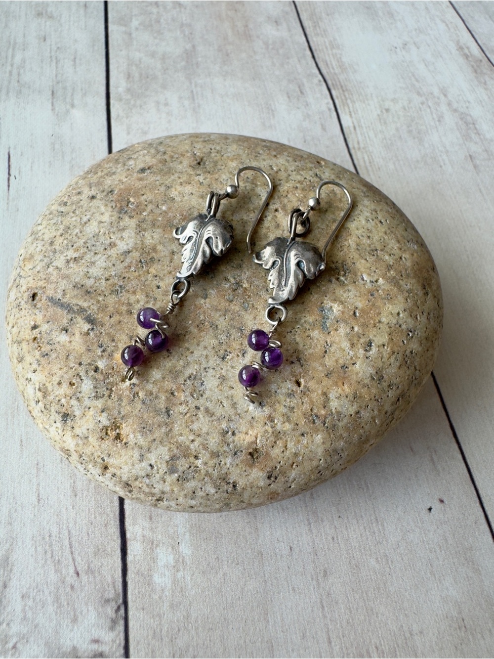 Grape Leaf Motif Drop Earrings with Amethyst Beads - Purple